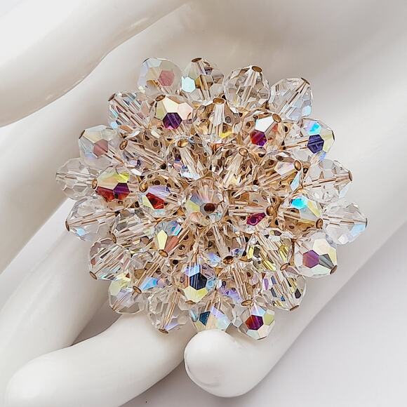 Vintage Crystal Aurora Borealis Clear Beaded 1960s Brooch - Picture 4 of 10